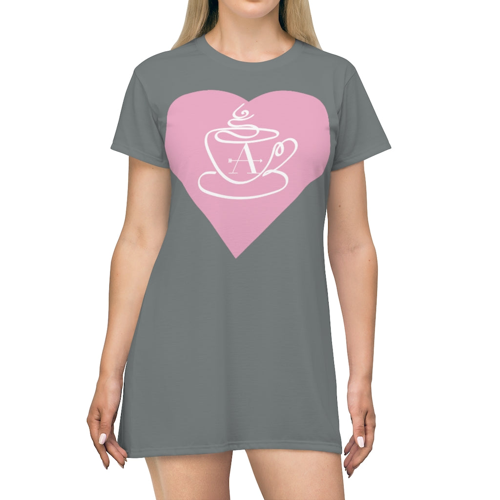 Coffee Lover T-Shirt Dress Gray|Pink